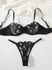 Satin and Lace Floral Embroidery Lingerie Set